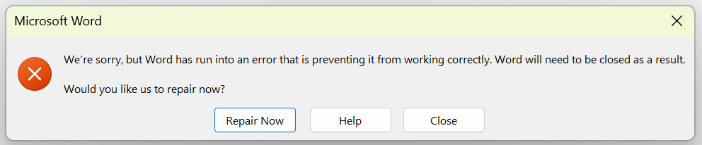 Can't use Word because it repeatedly pops a window saying it needs to ...