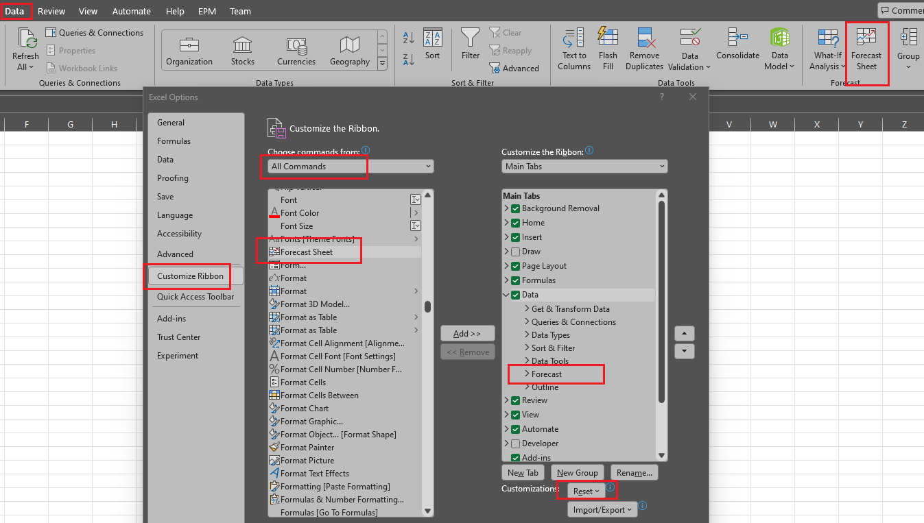 My Forecast Sheet is missing under the data tab - Windows 11 - Office ...