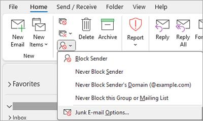 Screenshot showing Block Sender dropdown with Junk E-mail Options selected