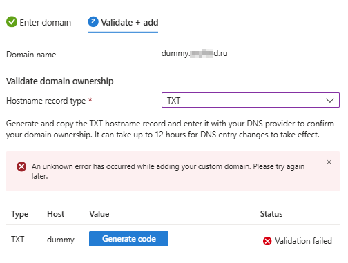 Validation custom domain in RU zone - Microsoft Q&A