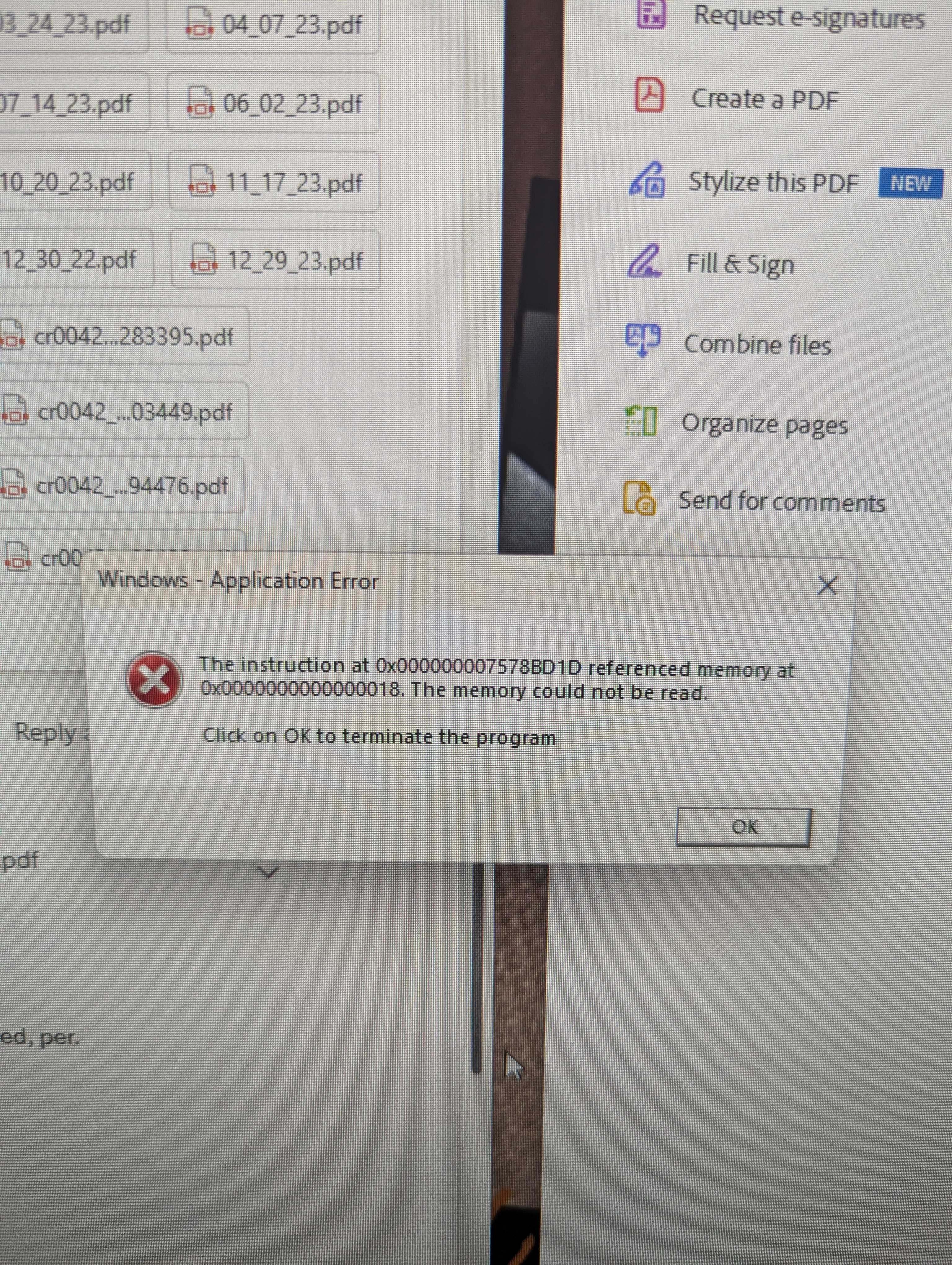 Windows application error The instruction at 0x.... referenced memory ...