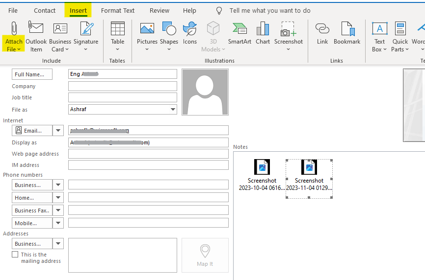 Outlook insert document to address book contact - Microsoft Q&A