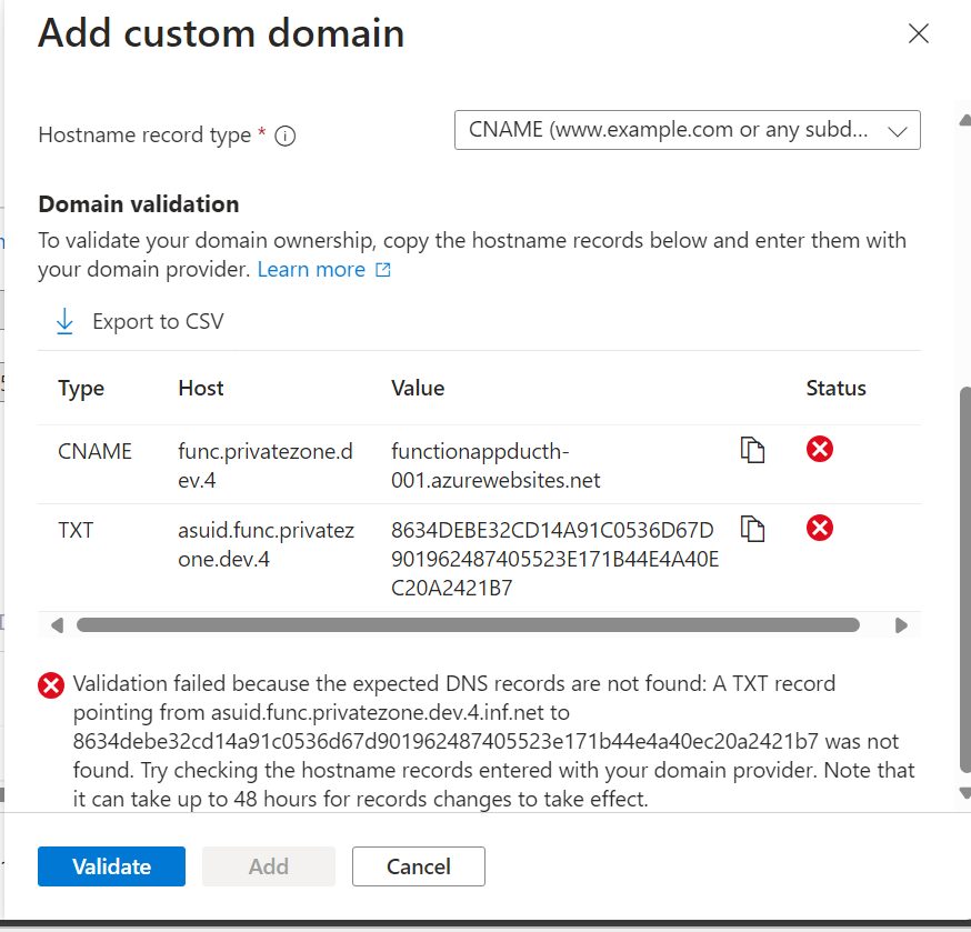 Trying to add a custom domain name to the private end point functionapp ...