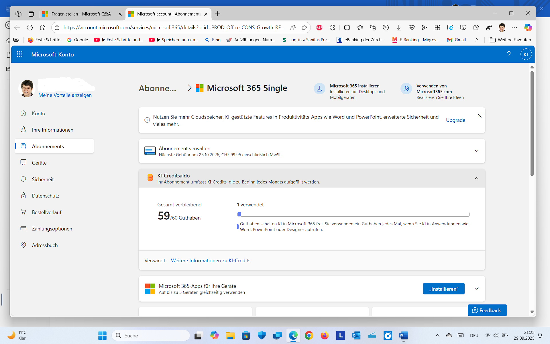 Microsoft 365 Aboverwaltung im Internet zeigt Aboverlängerung an