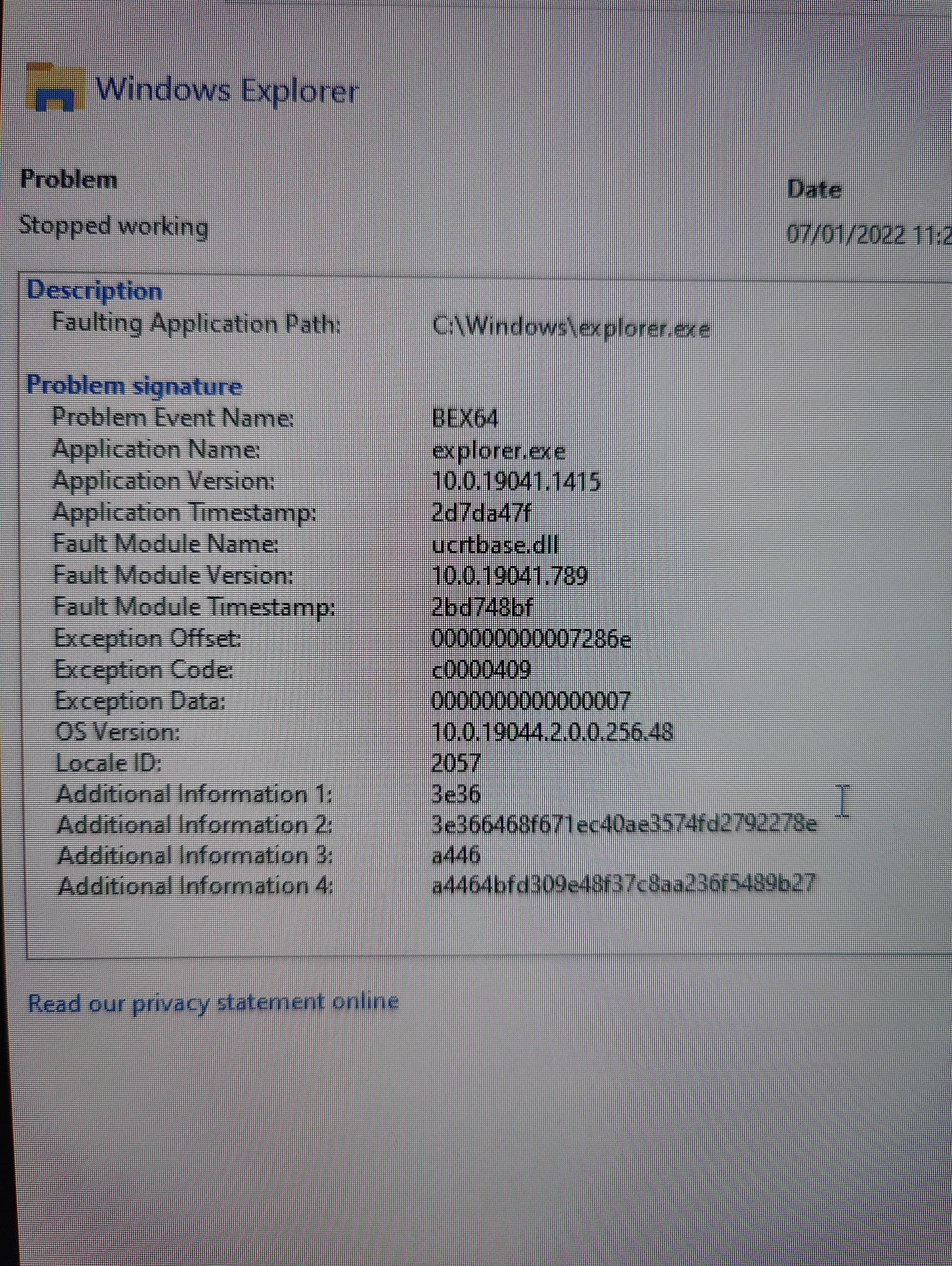Explorer crash loop (BEX64 in ucrtbase.dll) - Microsoft Q&A