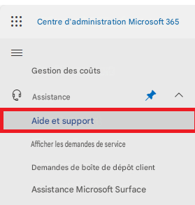Centre d'administration Microsoft 365Gestion des coûtsAssistanceAide et supportAfficher les demandes de serviceDemandes de boîte de dépôt clientAssistance Microsoft Surface