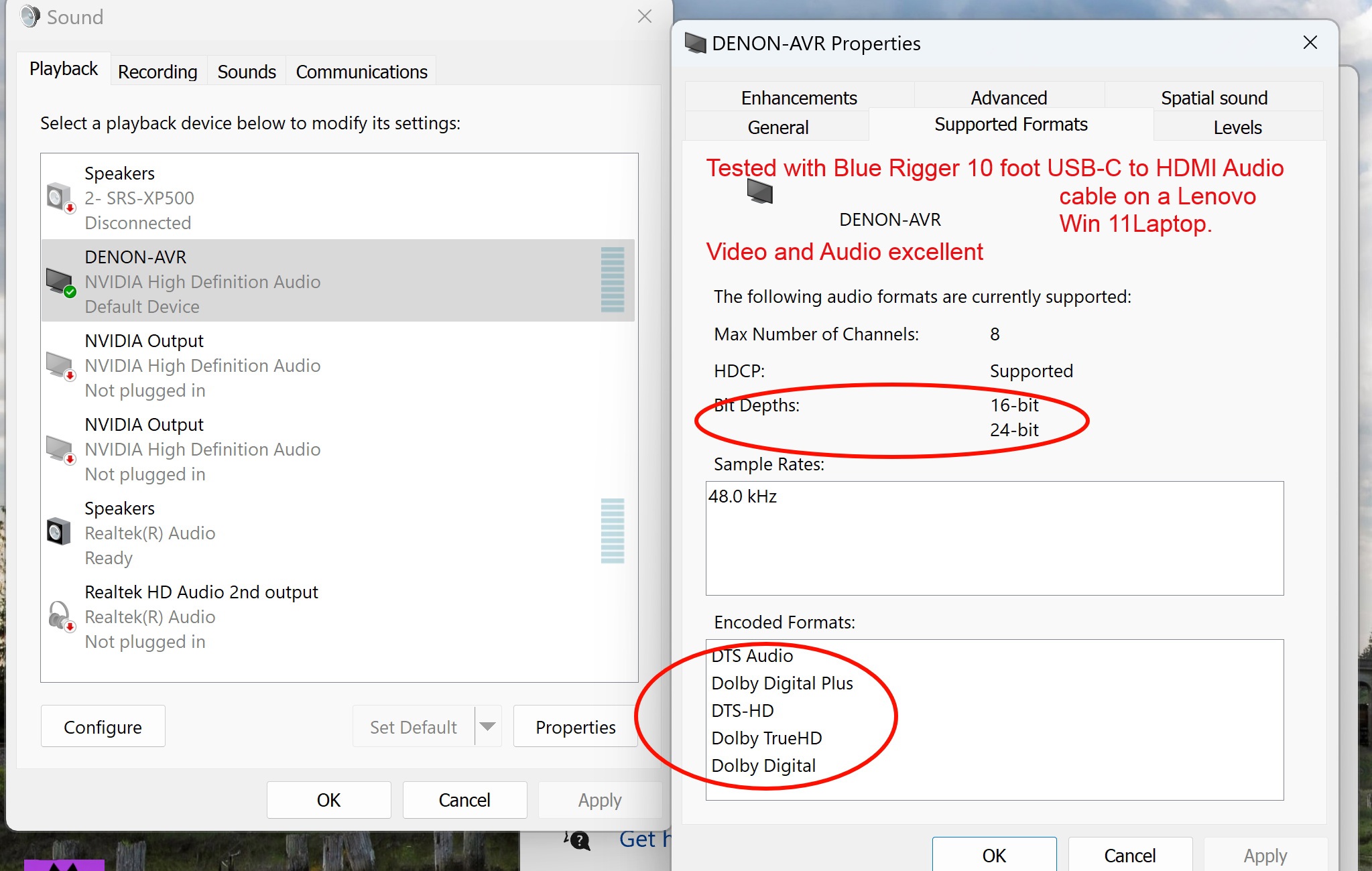 Lenovo Win 11 using same cable both 16 and 24 bit - clearly the Surface Pro 11