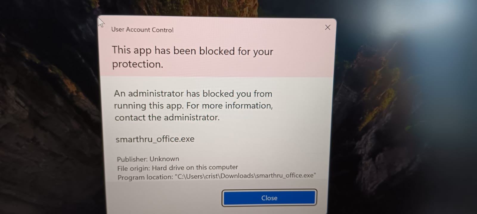 I can't install Samsung Smarthru Office because the user