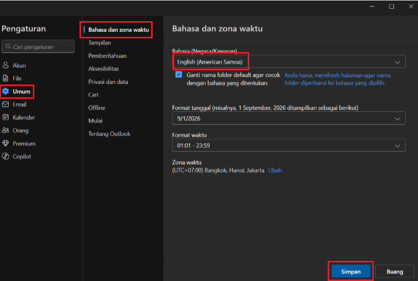 Outlook frame language has mysteriously changed to Indonesian ...