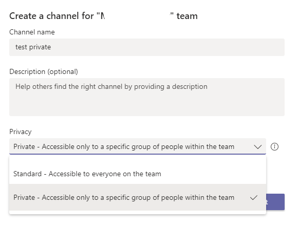 Unable to create a private channel as there is not option for managing ...