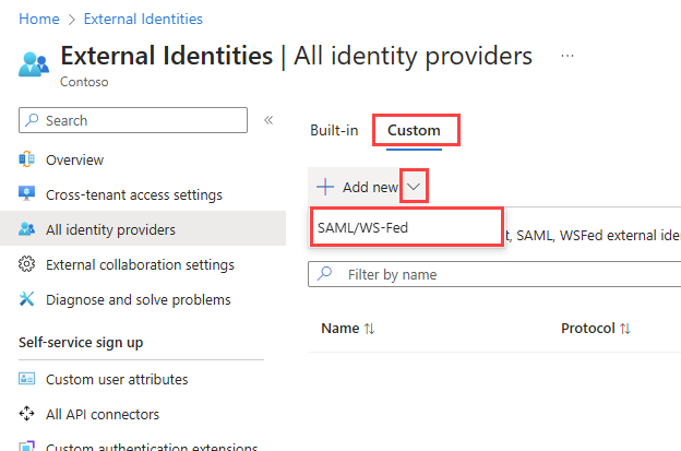 显示用于添加新 SAML 或 WS-Fed IdP 的按钮的屏幕截图。