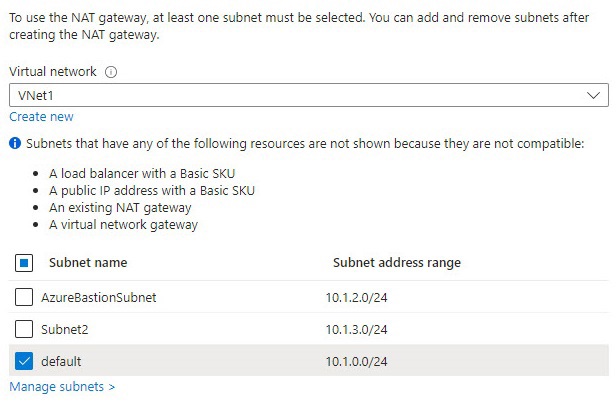 qna nat gateway choose subnets