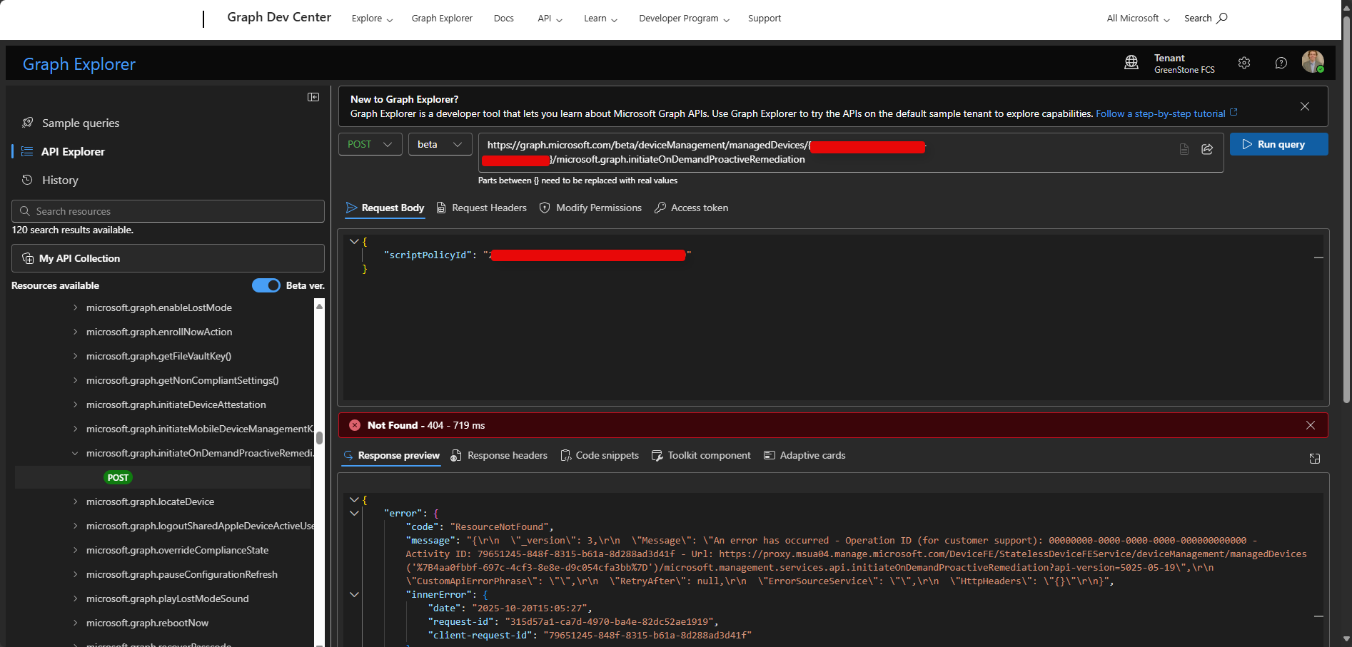 MS Graph Explorer Request Failure
