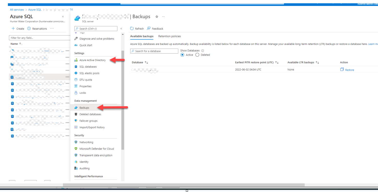 Azure-SQL database unable to find backups and active directory admin ...