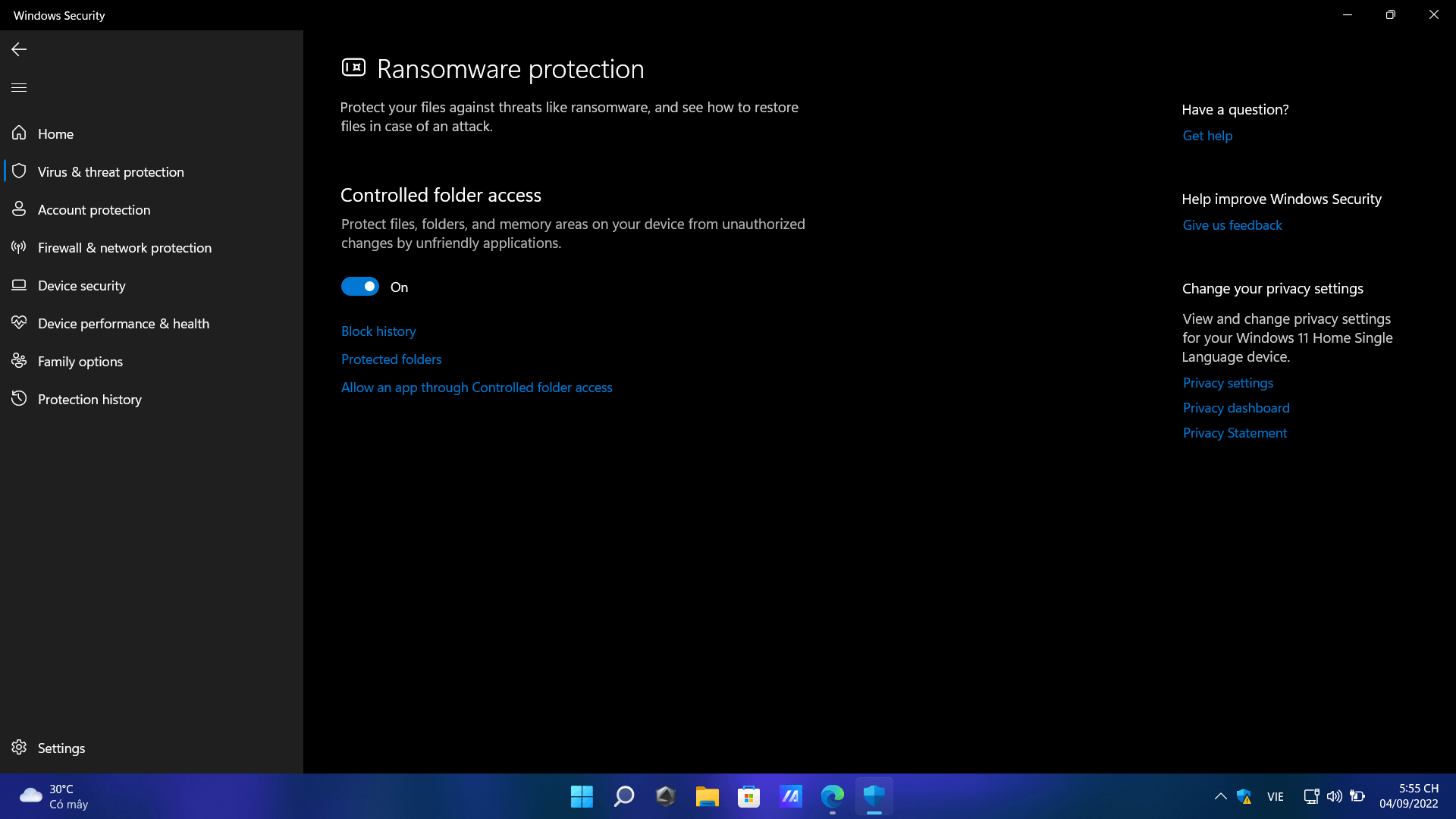 Windows security has a yellow exclamation mark with Recommended Actions ...