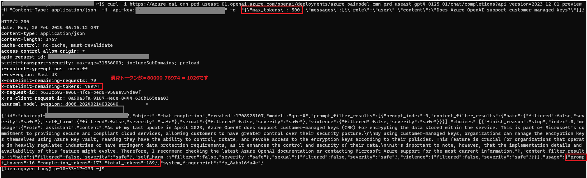 Azure openAI 上のmax_tokensとクォータ制限（x-ratelimit-remaining