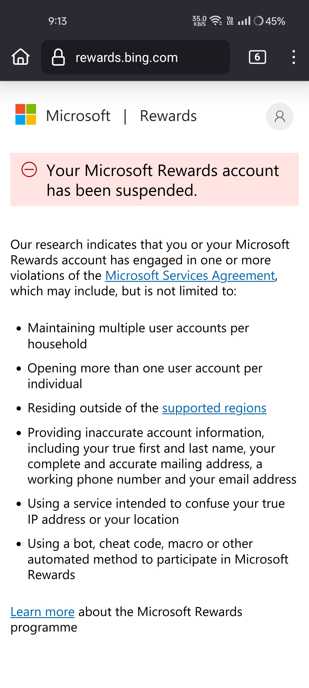 Microsoft rewards Account has been suspended without any reason ...