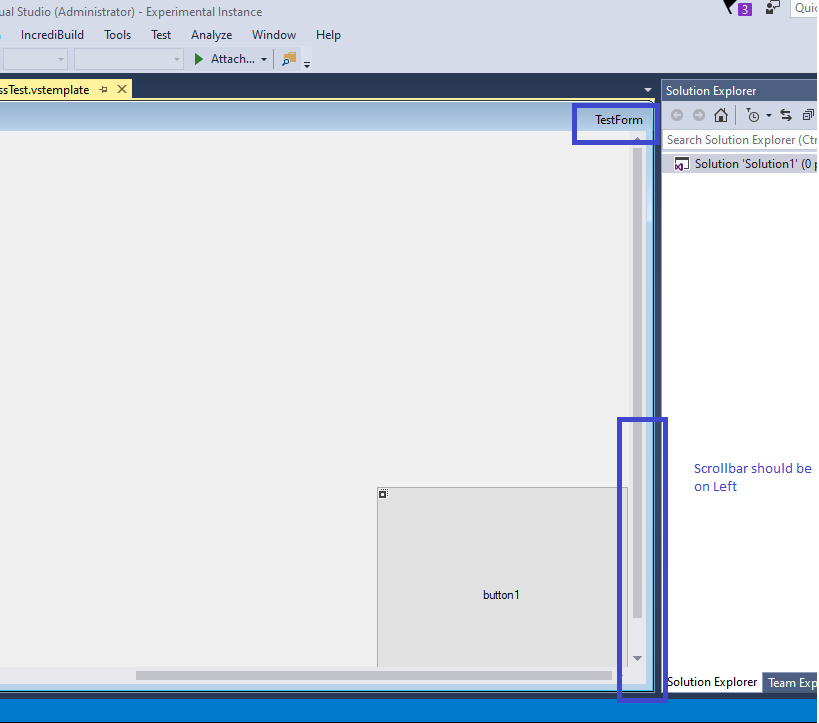 Visual Studio Isolated Shell 2015 In deisgner mode scrollbar is