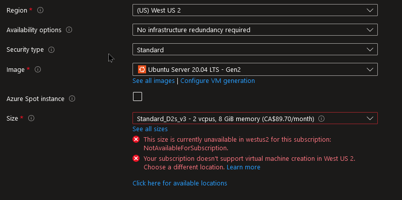 US West 2 out of capacity? VM Creation error ...
