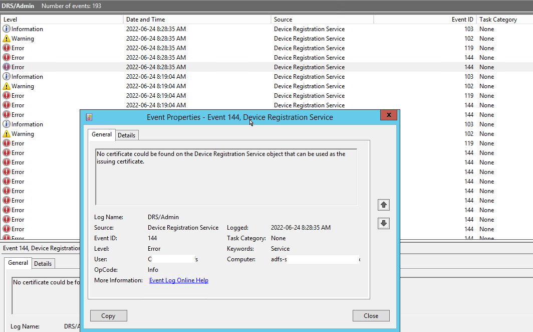 Device Registration service not starting on adfs server Microsoft Q&A