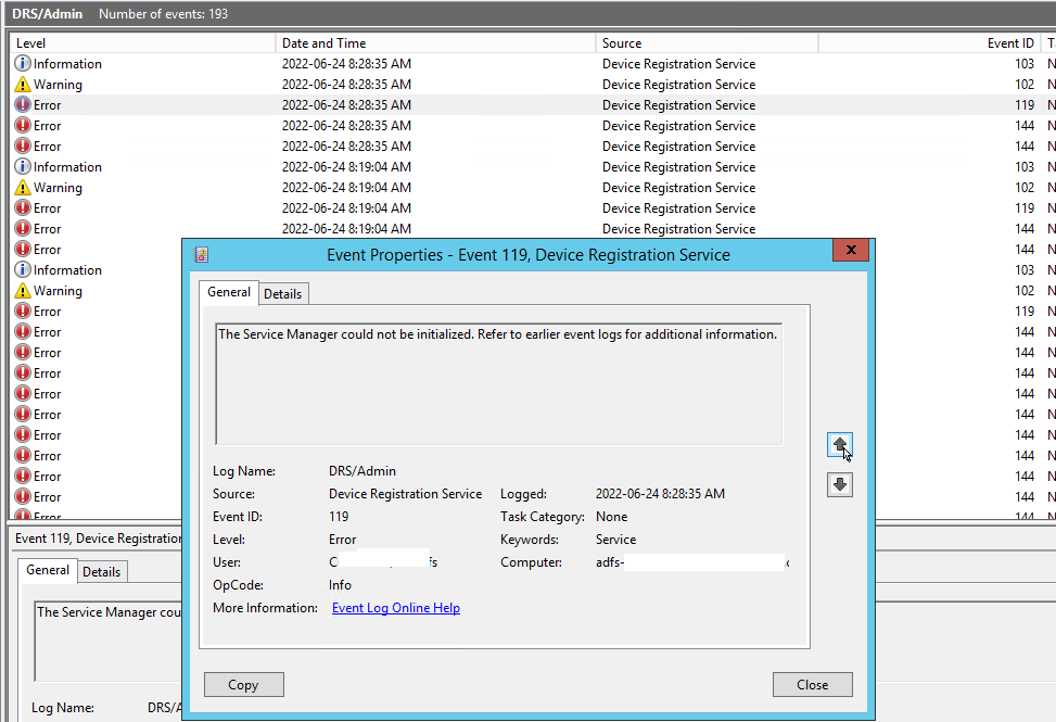Device Registration service not starting on adfs server Microsoft Q&A