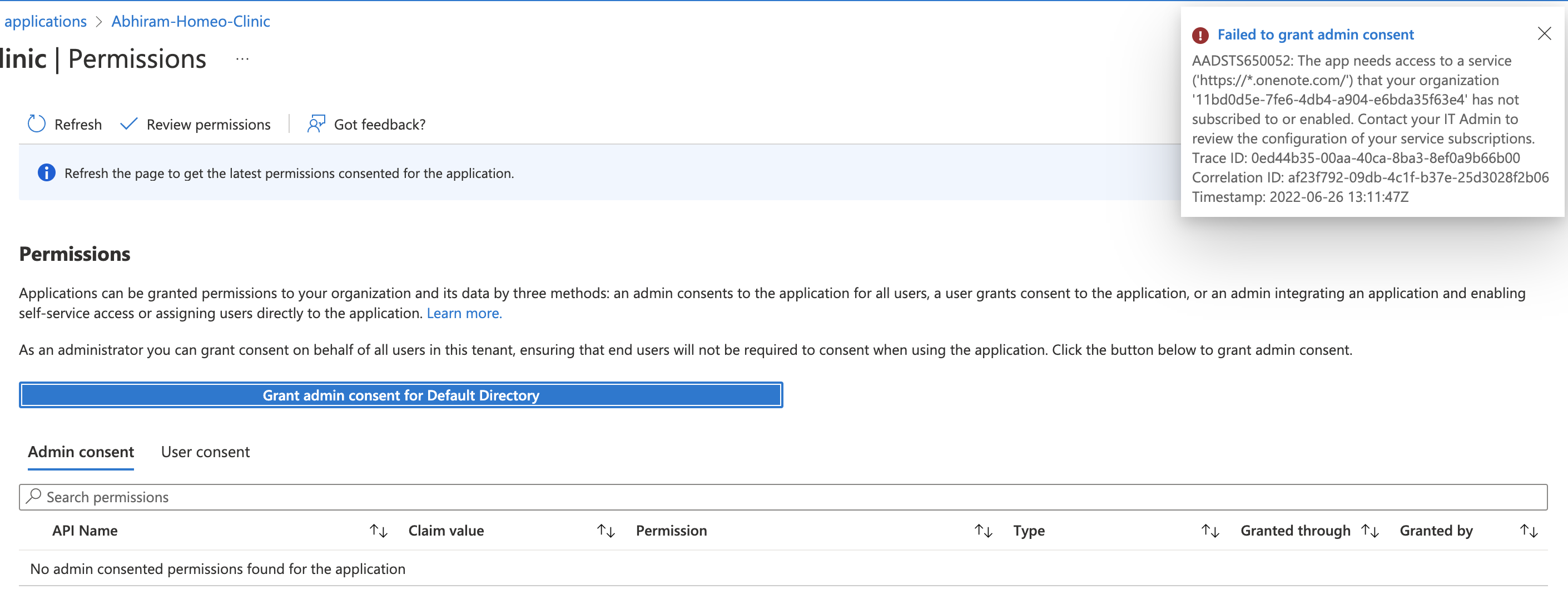 Unable to grant Admin Consent for OneNote APIs for Default 