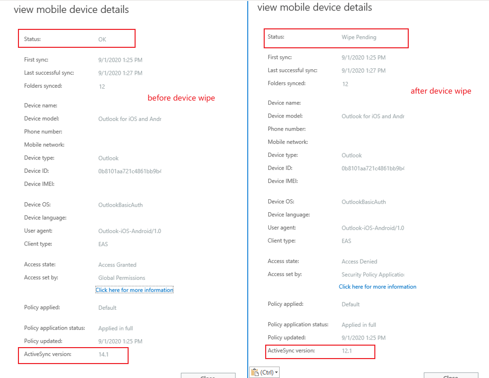 Exchange 2016 remote mobile device wipe when Outlook is installed, not