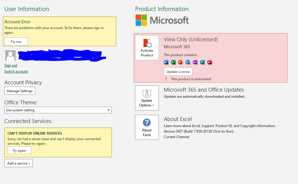 I am unable to active office after many errors. someone was logged in ...