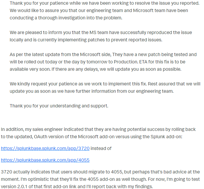 401 Error for Microsoft Add-on Splunk Graph Security