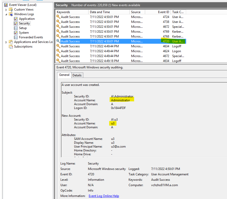 Source account on security log event id 4720 microsoft q a