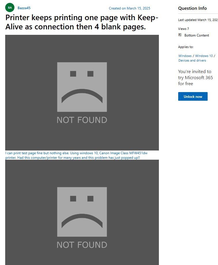 Printer keeps printing one page with Keep-Alive as connection then 4 ...