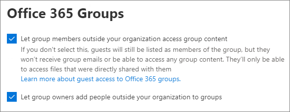 Screenshot of Microsoft 365 Groups guest settings in  Microsoft 365 admin center.