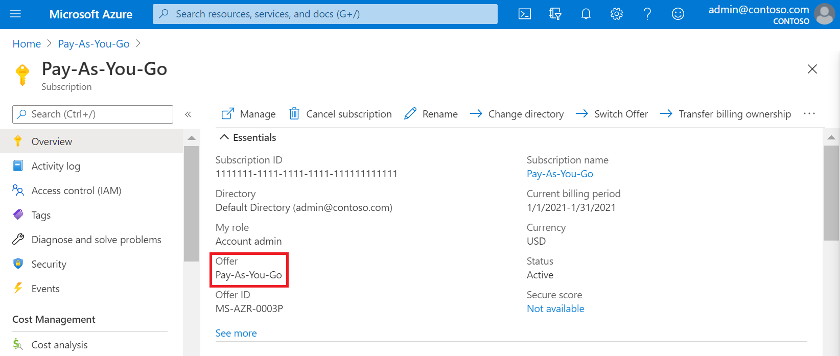 Screenshot showing the subscription details page with the offer type.