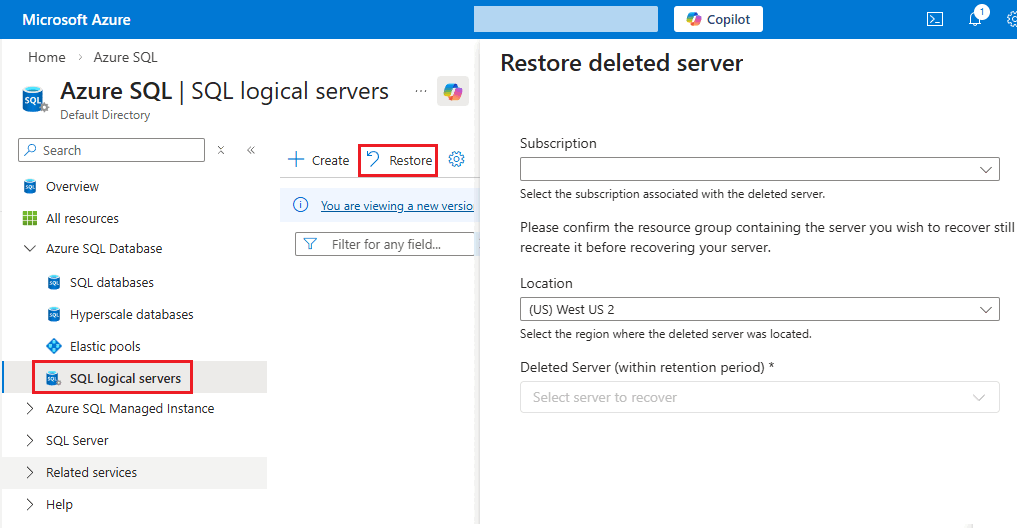 Screenshot of the restore deleted server pane in the Azure portal.