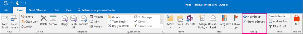 Groups options on the main Outlook ribbon