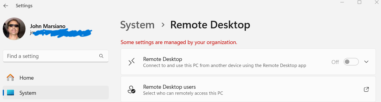 System Desktop toggle off