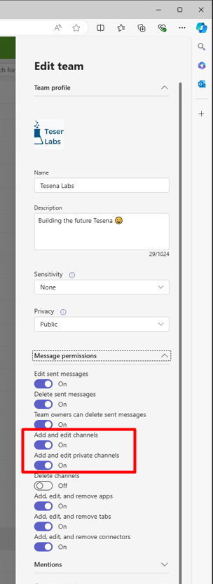 MS teams - edit team settings