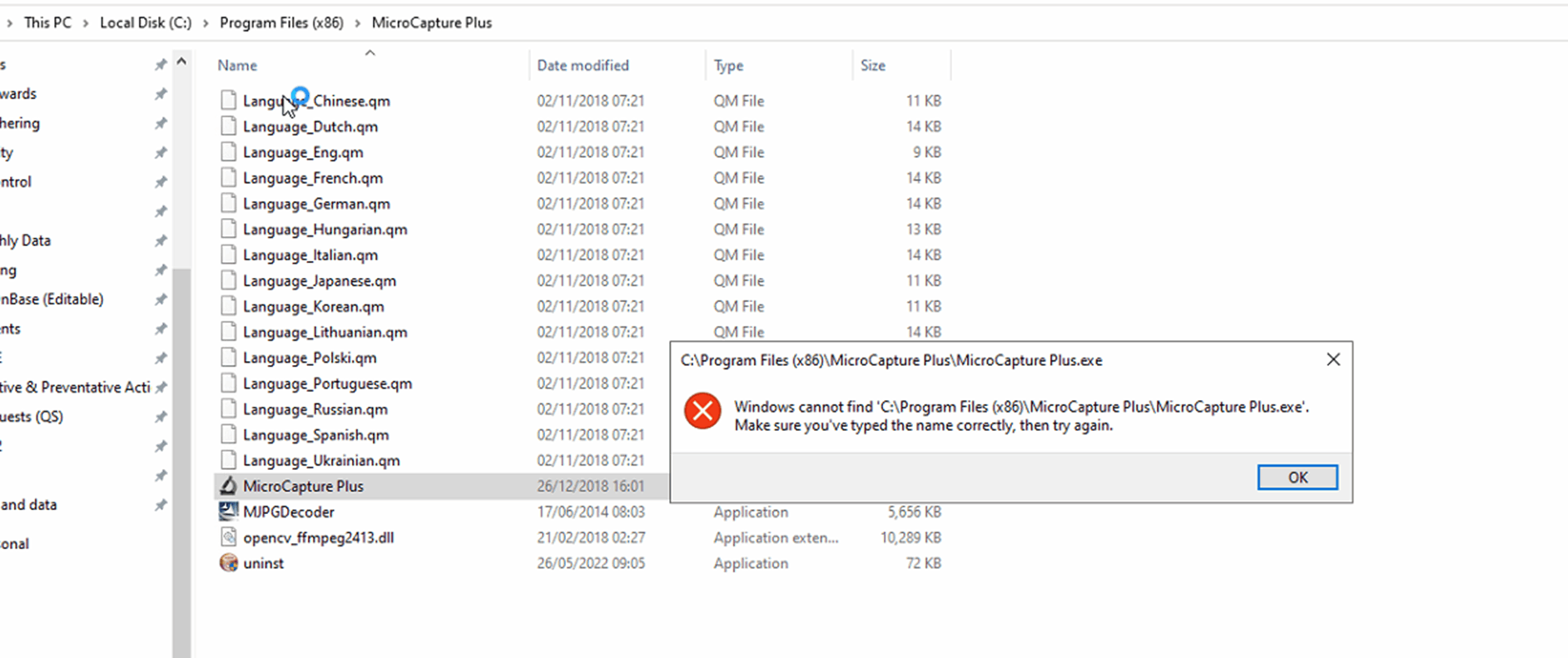 Windows cannot find 'C/product files(x68)/microcapture plues ...