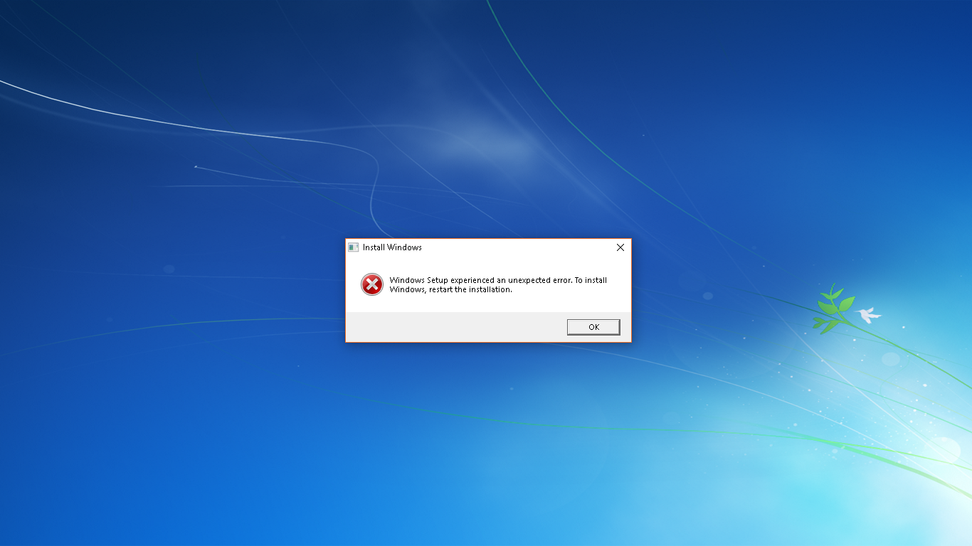 Windows installation encountered an unexpected error, when trying to ...
