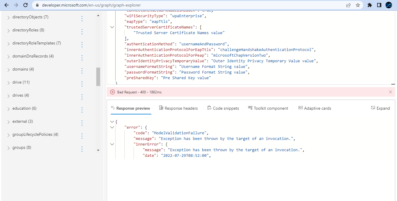 Error while trying to create wifi Policy from Graph API - Microsoft Q&A
