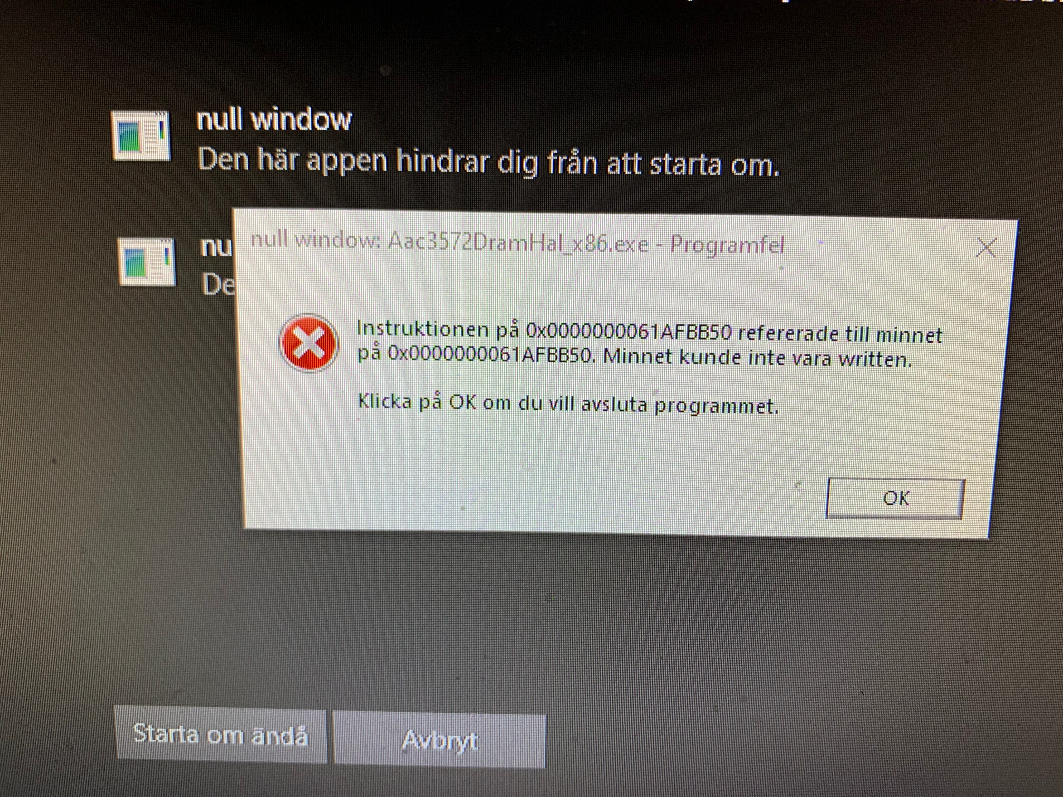 Instruction on X reffered to memory on X. Memory could not be