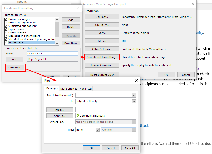 View Settings - Conditional formatting is not working if the TO/CC list ...