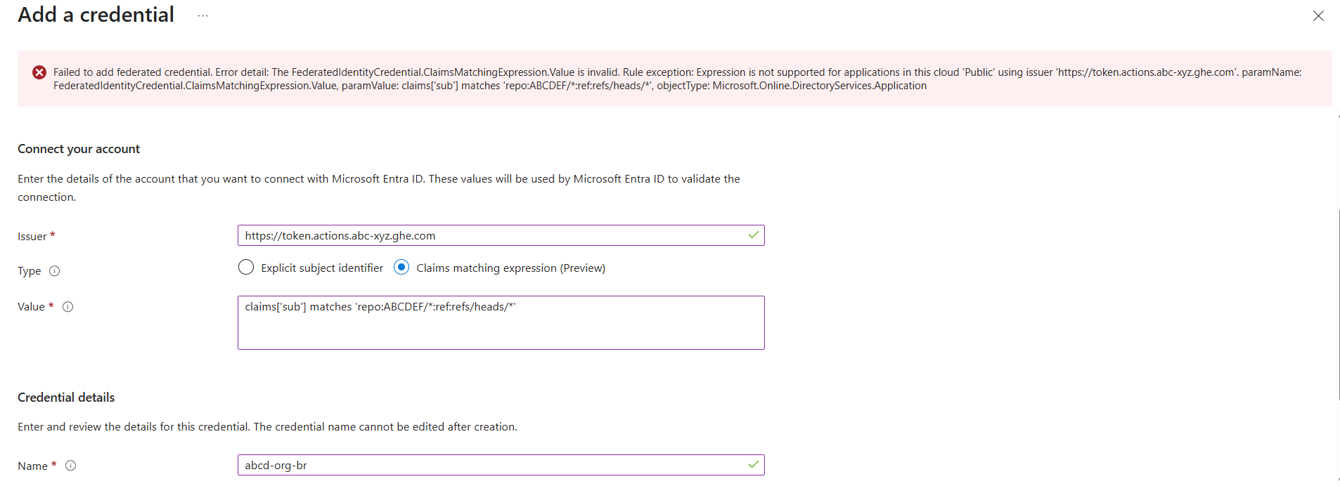 Unable to configure flexible federated credential with issuer