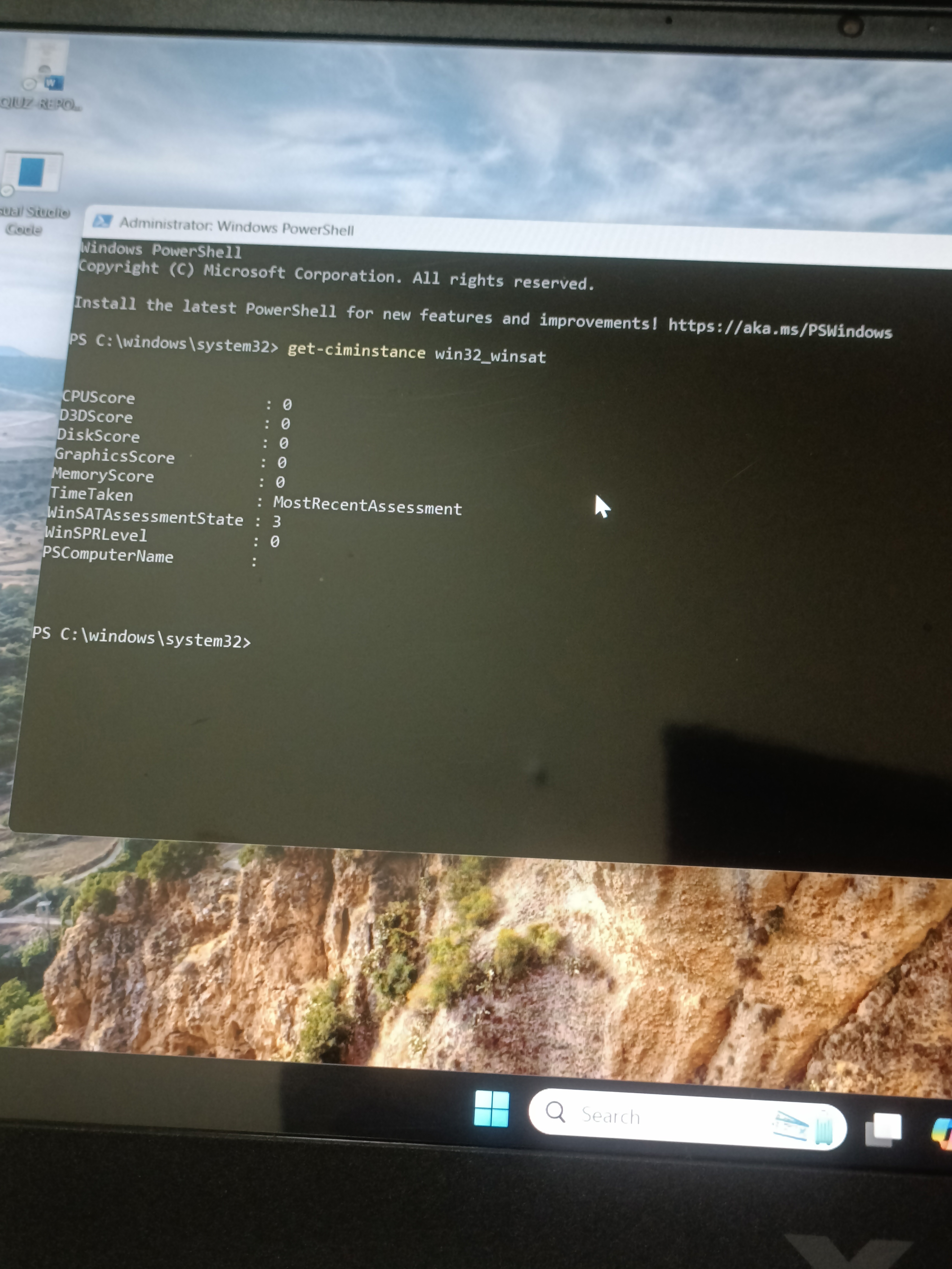 Cpu score, D3DScore ,Diskscore, graphic score, memory score is 0