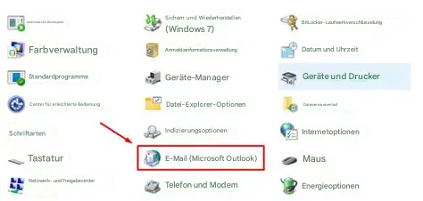 Automatische WiedergabeSichern und Wiederherstellen (Windows 7)BitLocker-LaufwerkverschlüsselungFarbverwaltungAnmeldeinformationsverwaltungDatum und UhrzeitStandardprogrammeGeräte-ManagerGeräte und DruckerCenter für erleichterte BedienungDatei-Explorer-OptionenDateiversionsverlaufSchriftartenIndizierungsoptionenInternetoptionenTastaturE-Mail (Microsoft Outlook)MausNetzwerk- und FreigabecenterTelefon und ModemEnergieoptionen