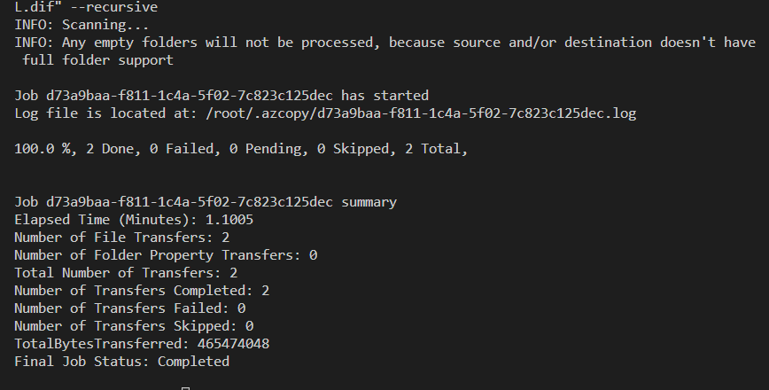 Azcopy completes blob download but it doesn't appear on the route
