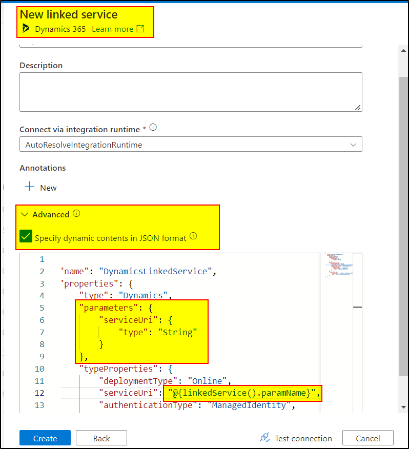 How to paremeterize the Azure Data Factory Linked Service for Dynamics ...