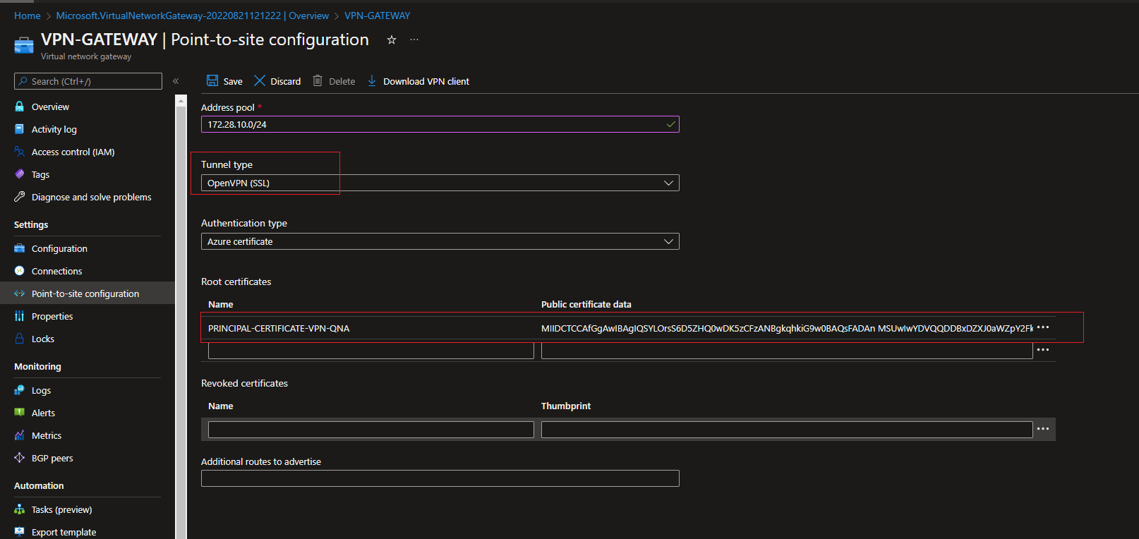 how to create P2S VPN azure certificate - Microsoft Q&A