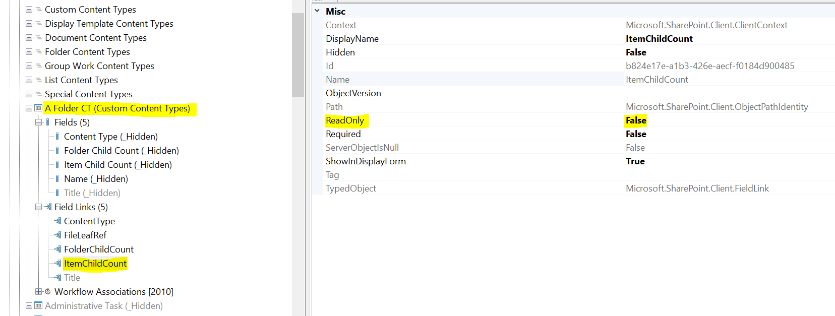 Inconsistent behaviour at content types fields and fields links