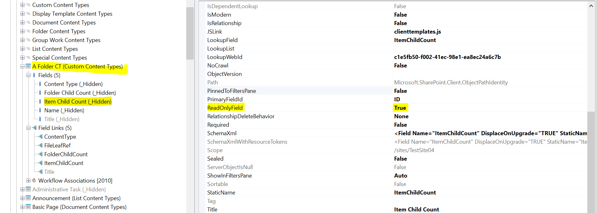 Inconsistent behaviour at content types fields and fields links